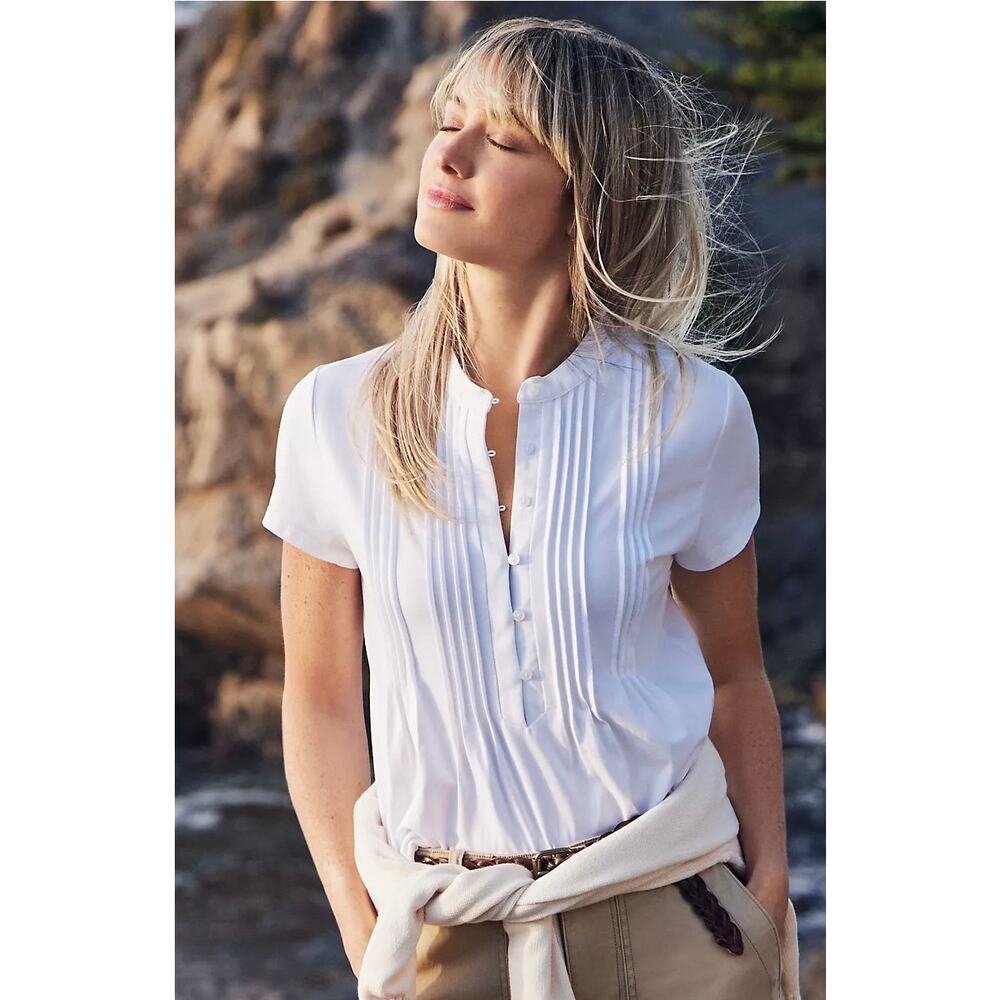 Lands’ End Women's Lightweight Jersey Button Pintuck Top White Large